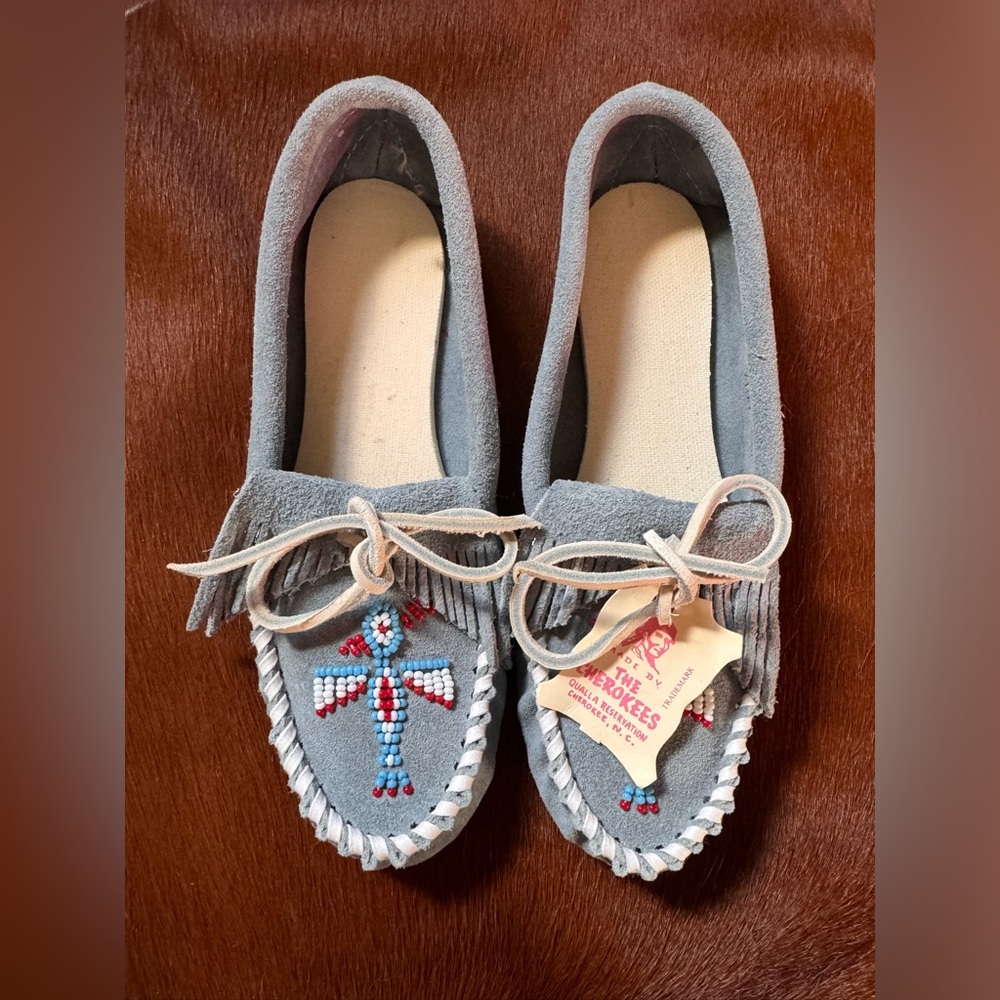 Vintage Moccasins, Baby Blue, Thunderbird, Hand Made Cherokee Native American